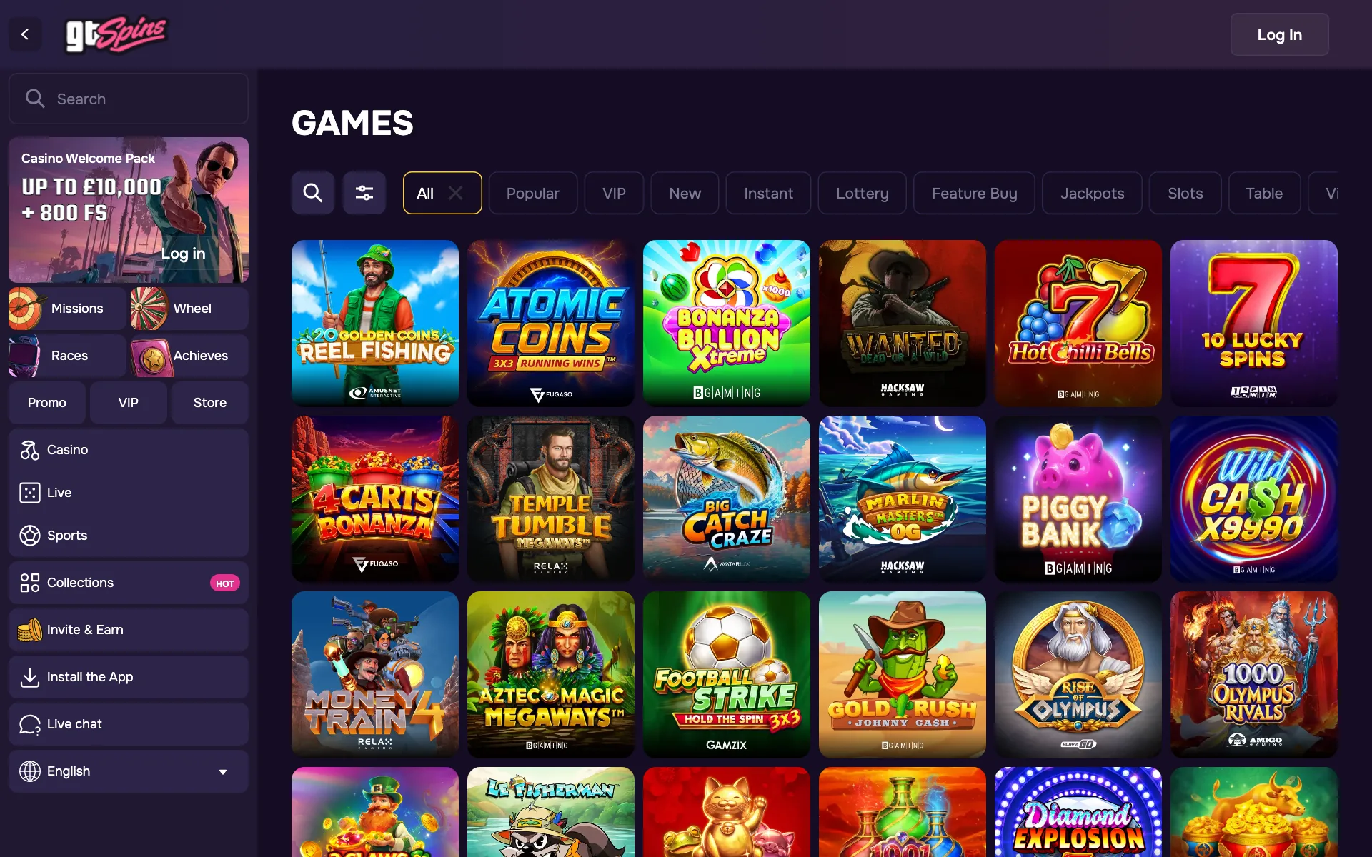 Gtspins games lobby with category tabs and slot tiles