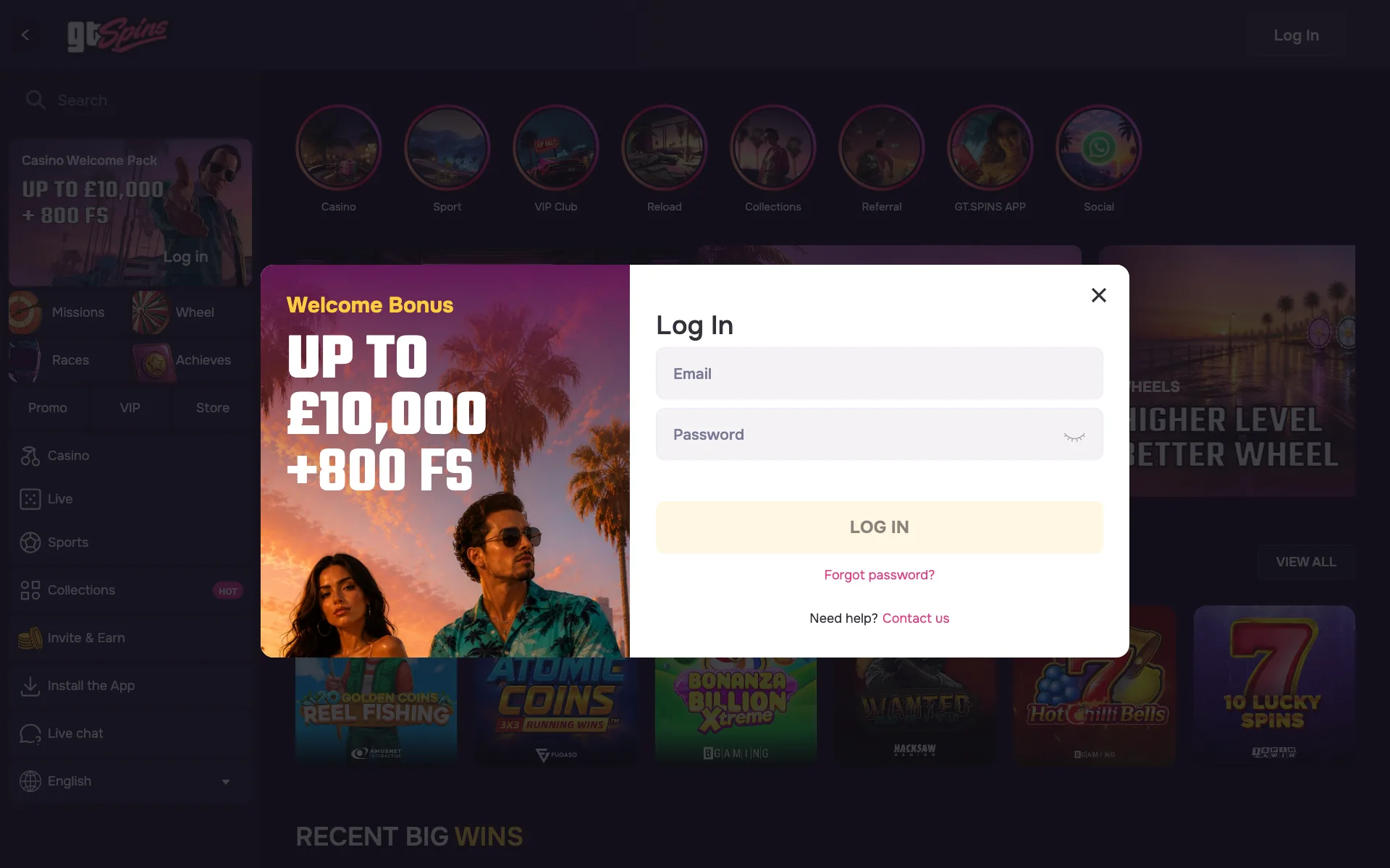 Gtspins login window with the welcome pack offer